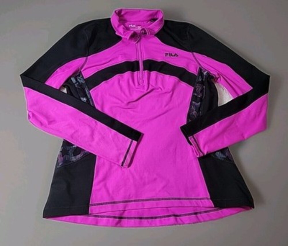 FILA Sport Women Track Running Jacket Pink Black 1/4 Zip Athletic Pullover Large